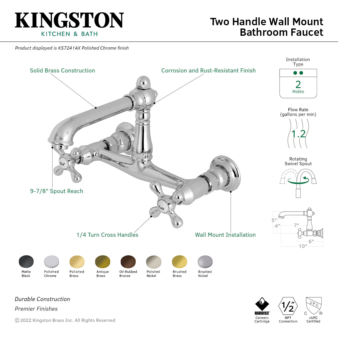English Country Double-Handle Wall Mount Bathroom Faucet in Polished Chrome