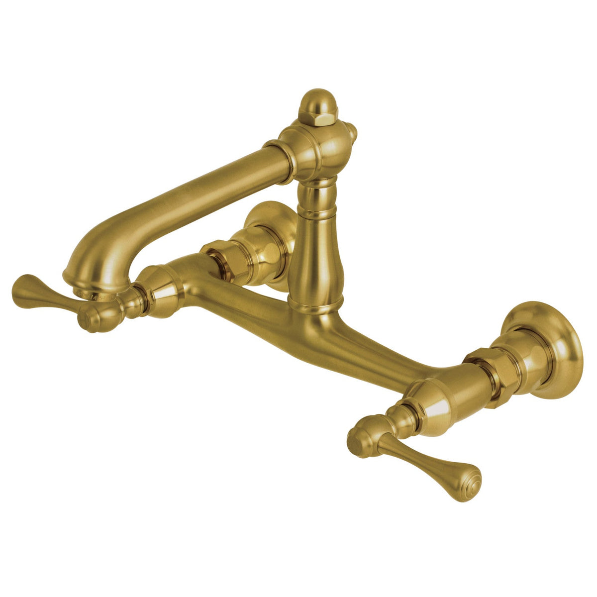 English Country Double-Handle Wall Mount Bathroom Faucet in Brushed Brass