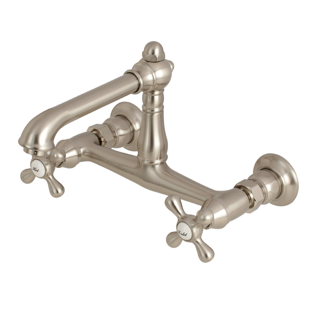 English Country Double-Handle Wall Mount Bathroom Faucet in Brushed Nickel