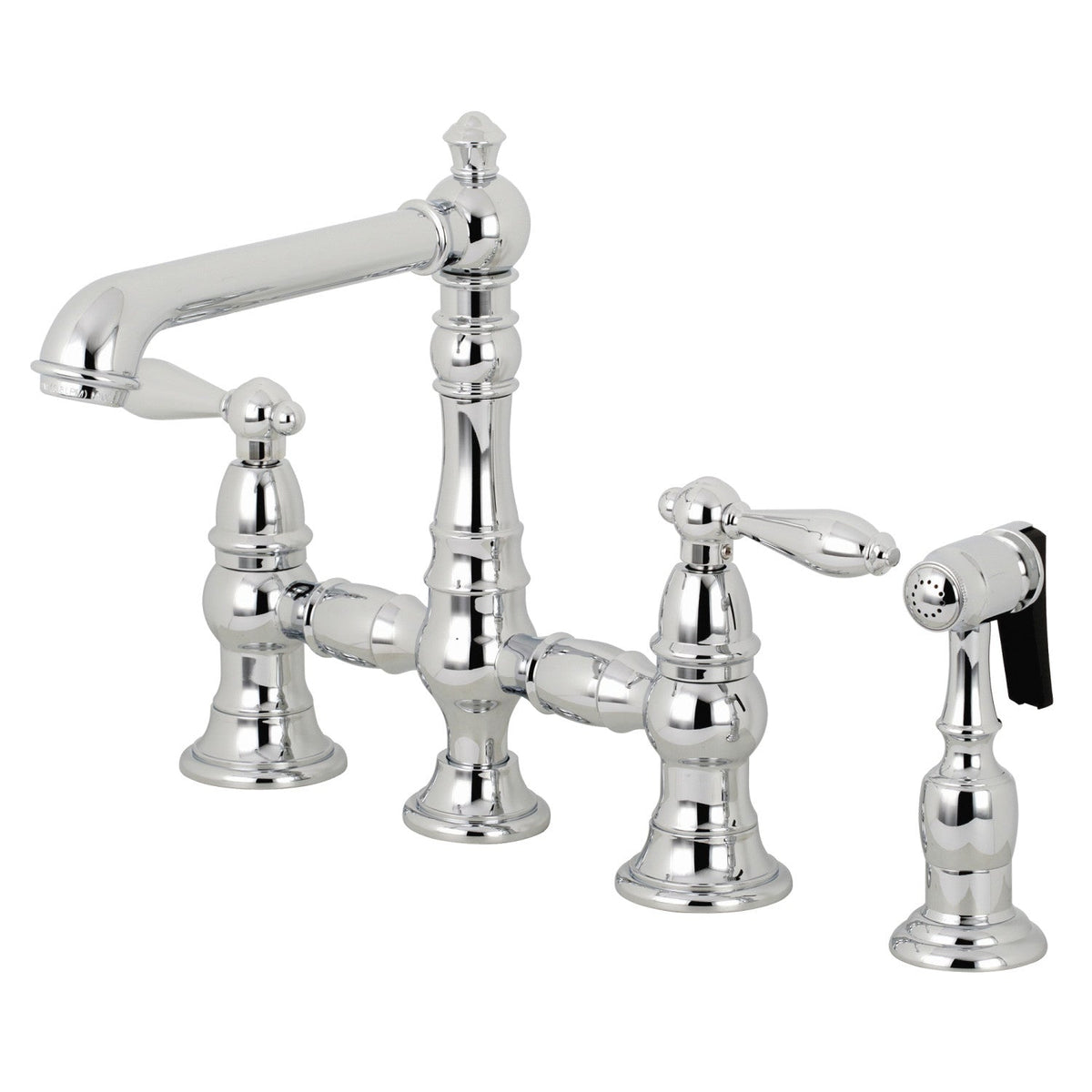 English Country Bridge Kitchen Faucet with Brass Side Sprayer in Polished Chrome