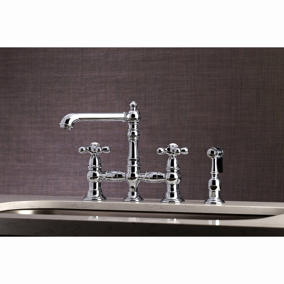 English Country Bridge Kitchen Faucet with Brass Side Sprayer in Polished Chrome