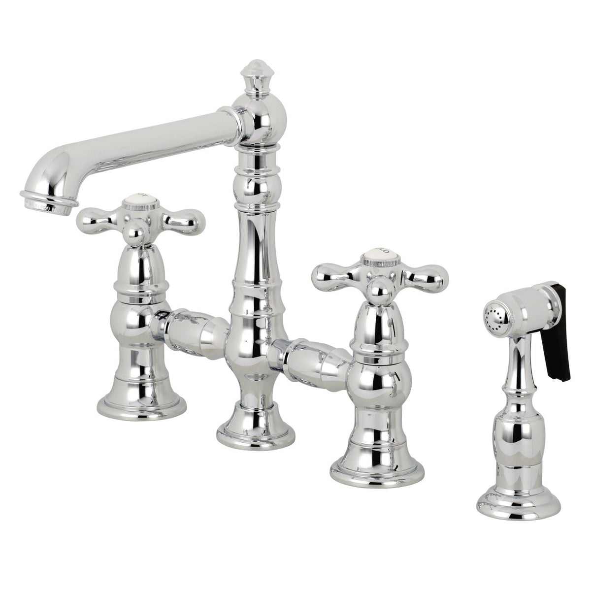 English Country Bridge Kitchen Faucet with Brass Side Sprayer in Polished Chrome