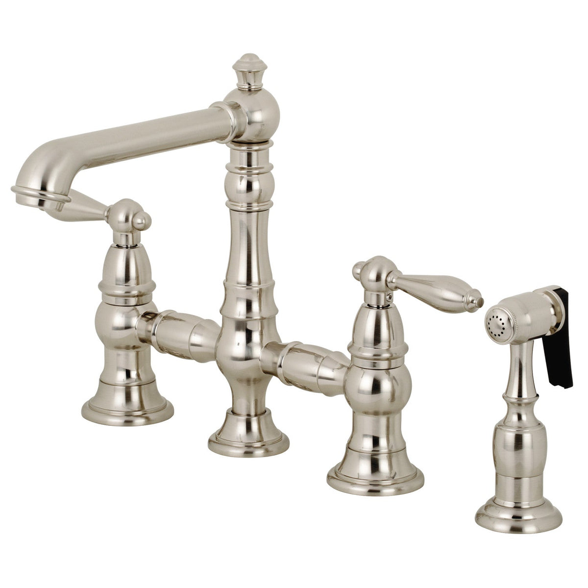 English Country Bridge Kitchen Faucet with Brass Side Sprayer in Brushed Nickel