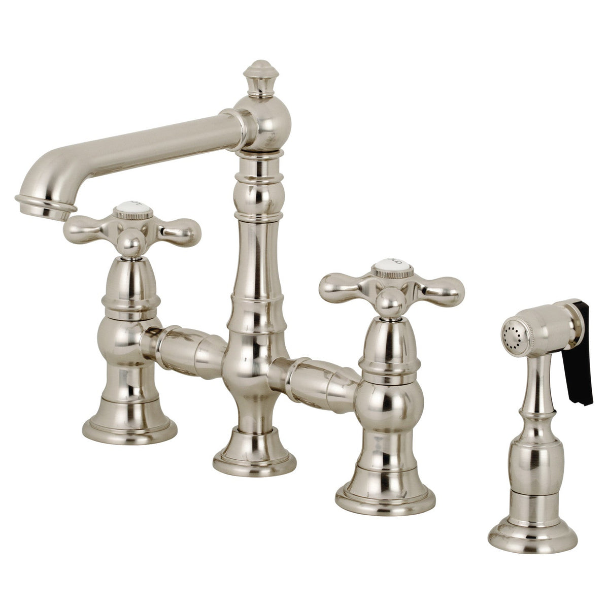 English Country Bridge Kitchen Faucet with Brass Side Sprayer in Brushed Nickel