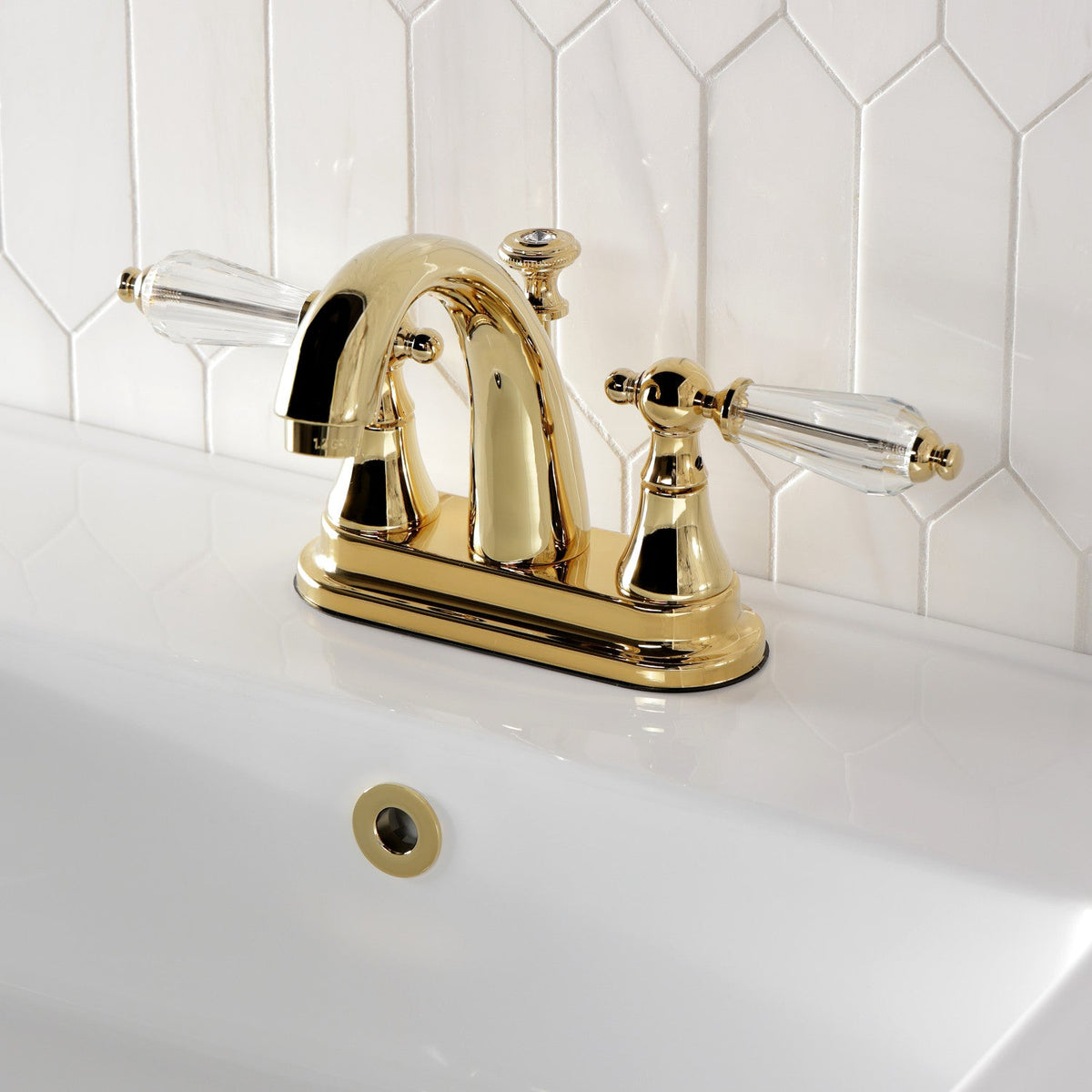 Wilshire Double-Handle 4" Centerset Bathroom Faucet with Brass Pop-Up in Polished Brass