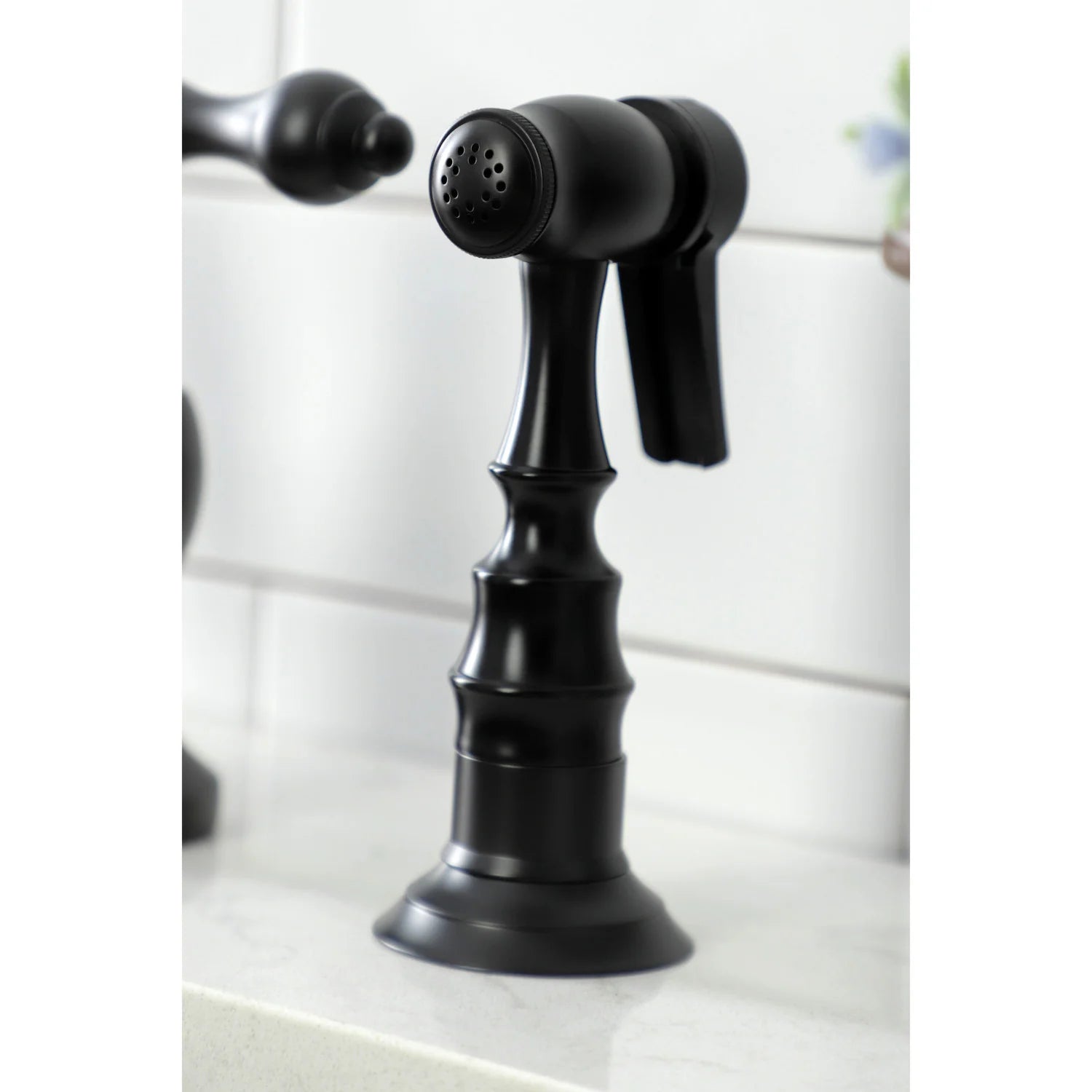 Matte black side sprayer with perforated spray head on bridge kitchen faucet
