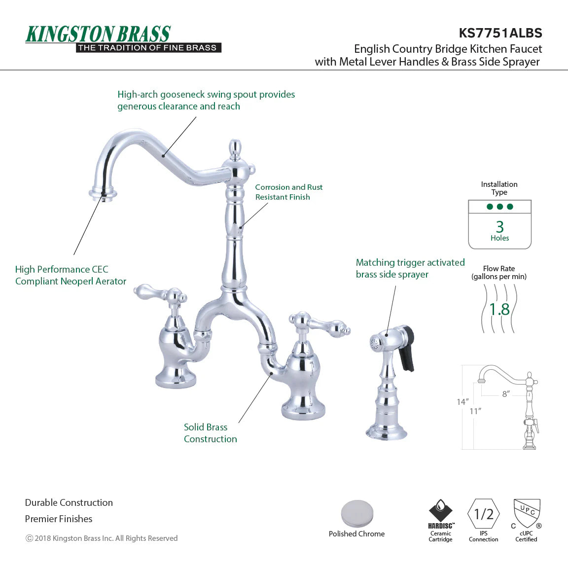 Polished chrome bridge kitchen faucet with lever handles and side sprayer