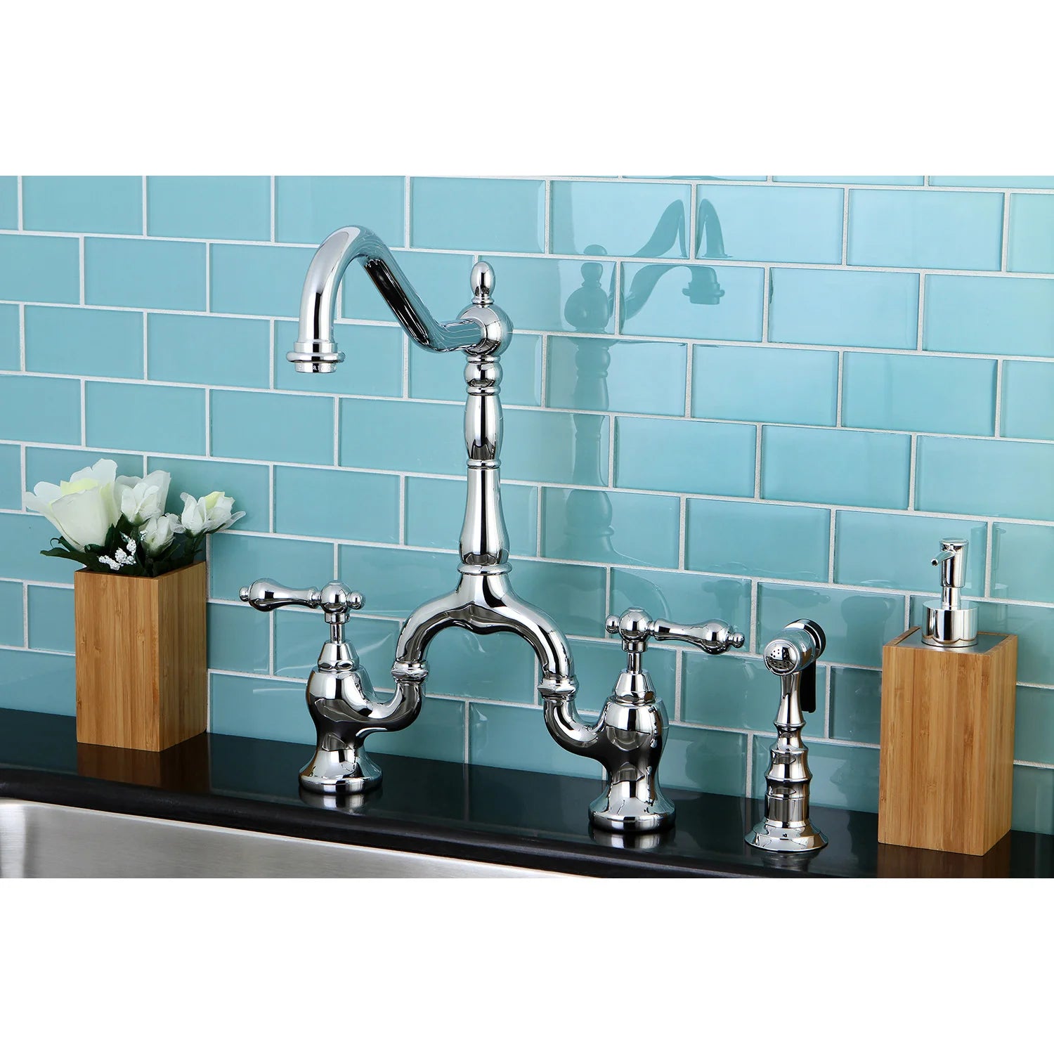 Polished chrome bridge kitchen faucet set with side sprayer and two cross handles
