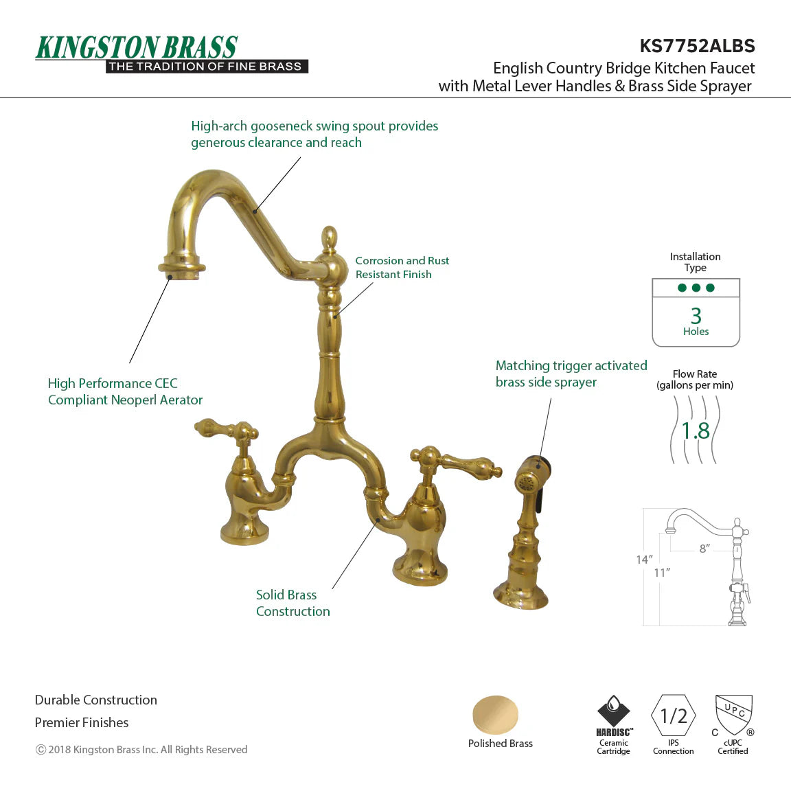 Polished brass bridge kitchen faucet diagram with side sprayer and cross handles