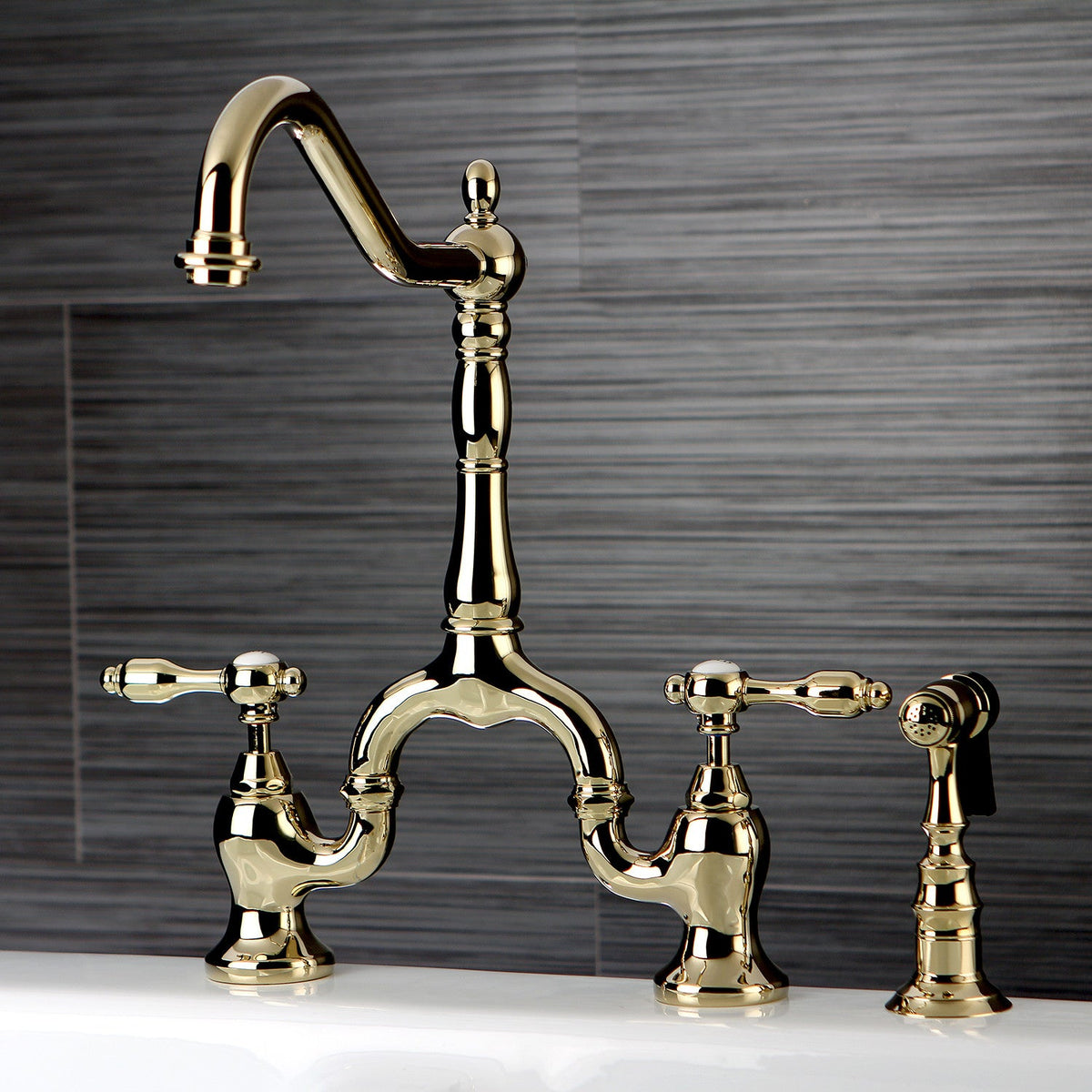 Tudor Bridge Kitchen Faucet with Brass Side Sprayer in Polished Brass