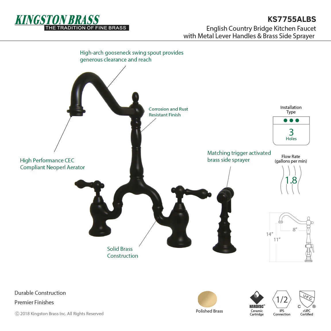 Kitchen faucet layout diagram with side sprayer and 3-hole mounting