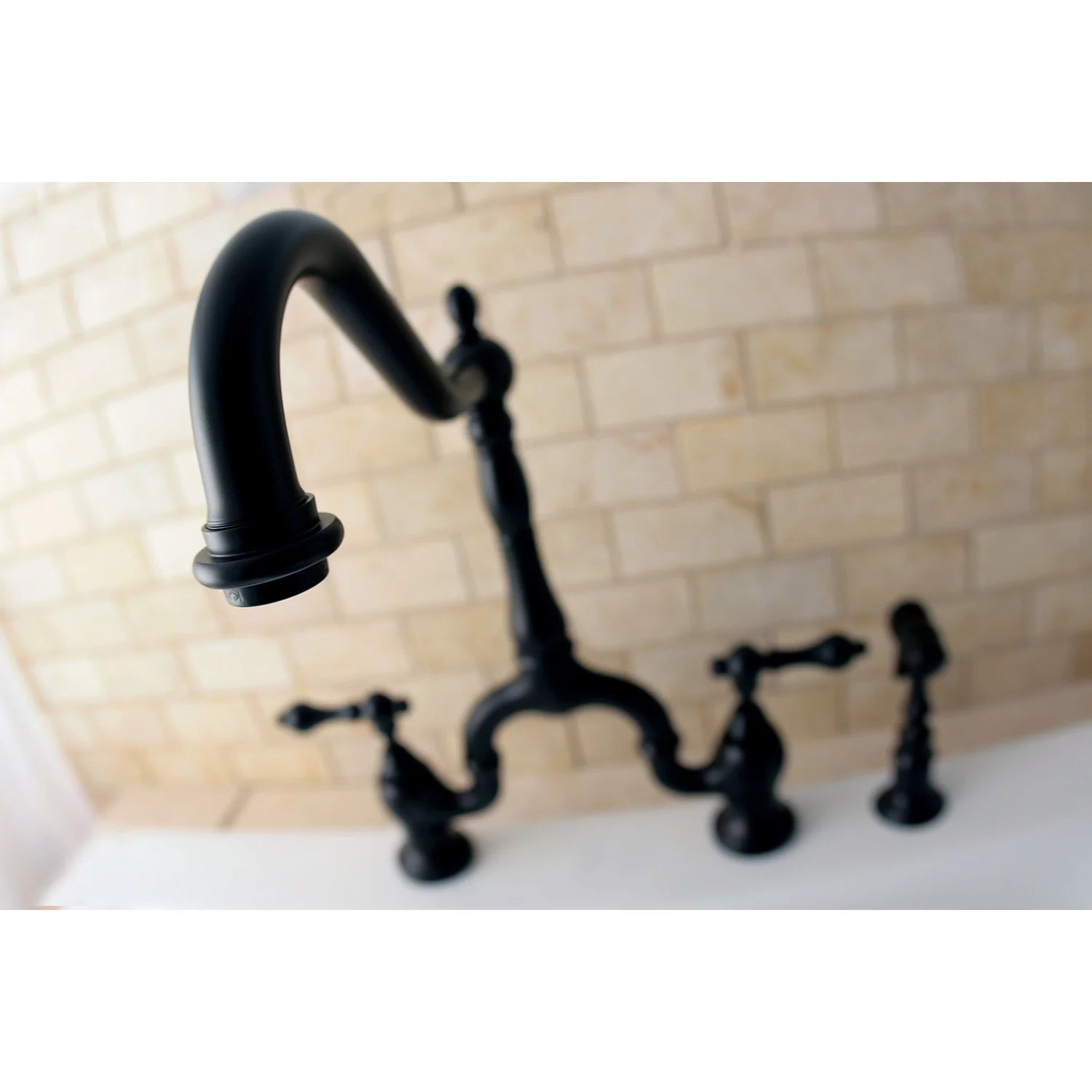 Oil-rubbed bronze bridge kitchen faucet with arched spout and dual side handles