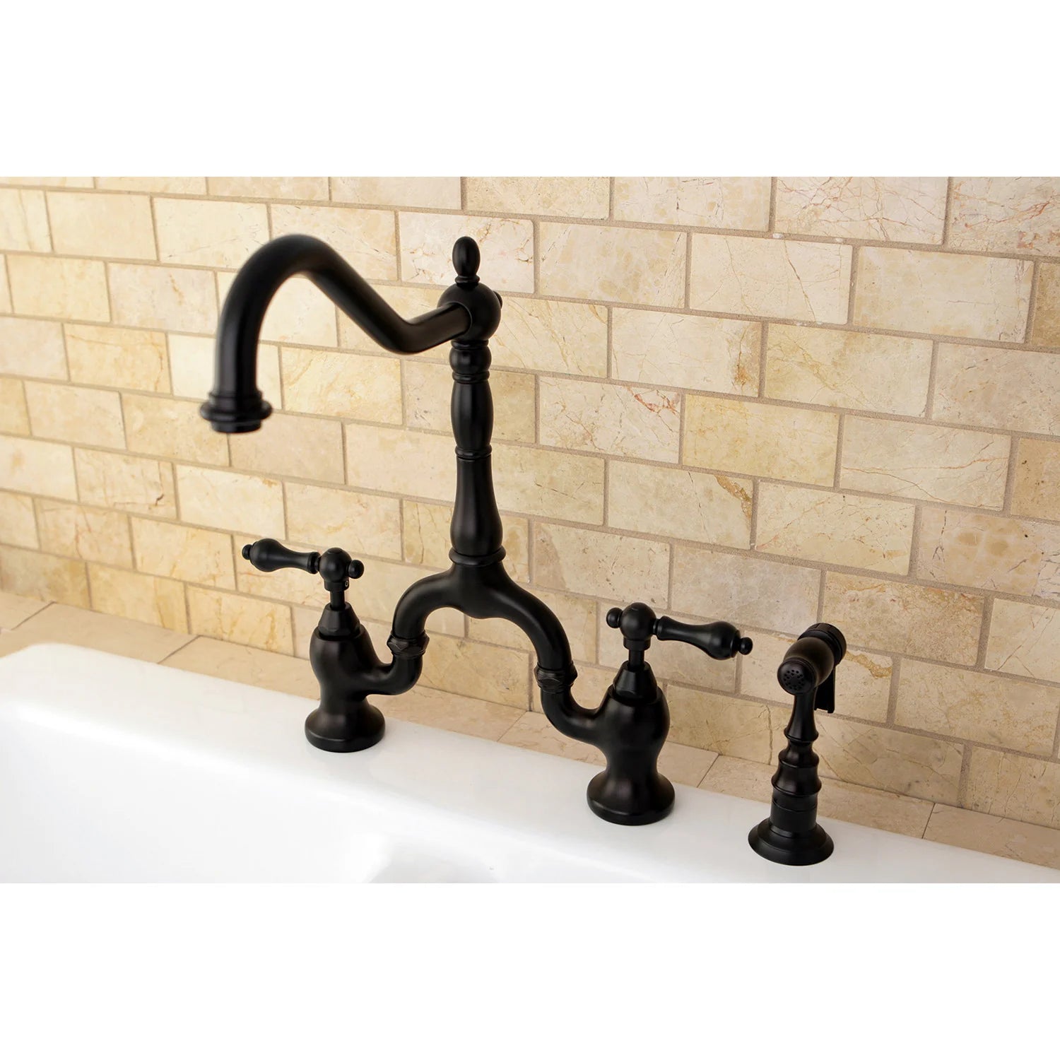 Oil-rubbed bronze bridge kitchen faucet with side sprayer and three controls