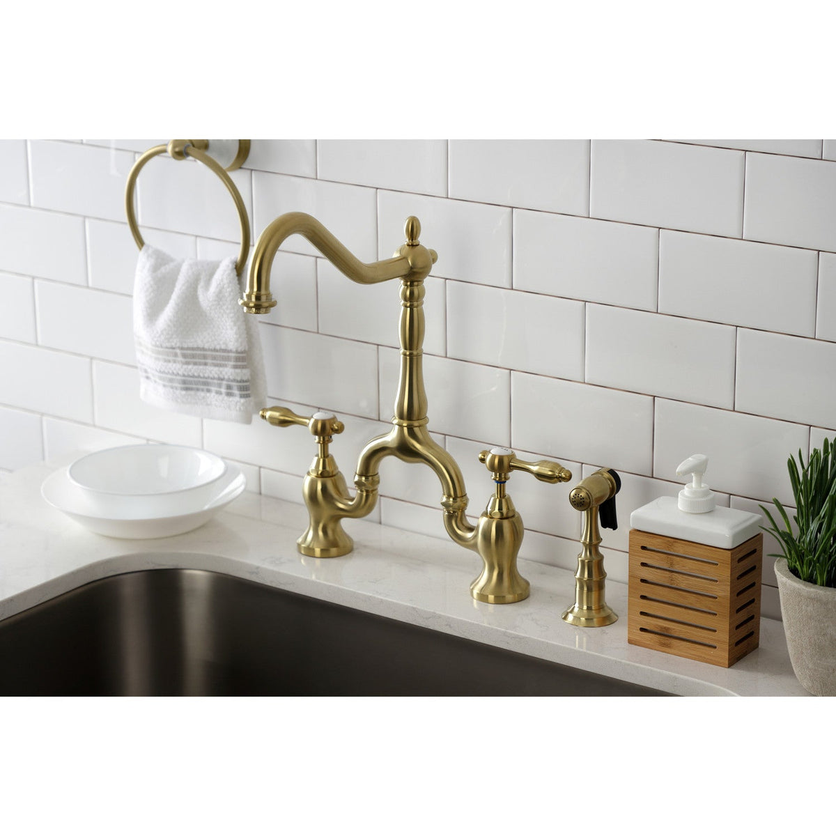 Tudor Bridge Kitchen Faucet with Brass Side Sprayer in Brushed Brass