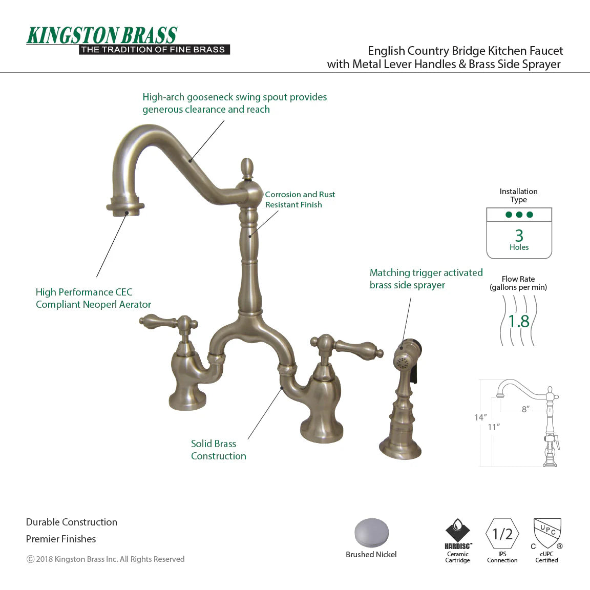 Brushed nickel kitchen faucet with side sprayer, cross handles, and pull-down spray