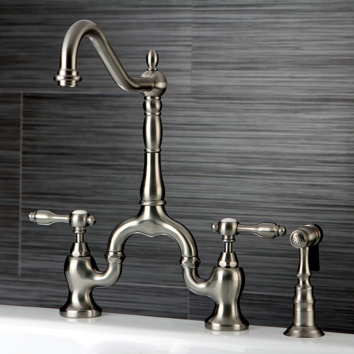 Tudor Bridge Kitchen Faucet with Brass Side Sprayer in Brushed Nickel