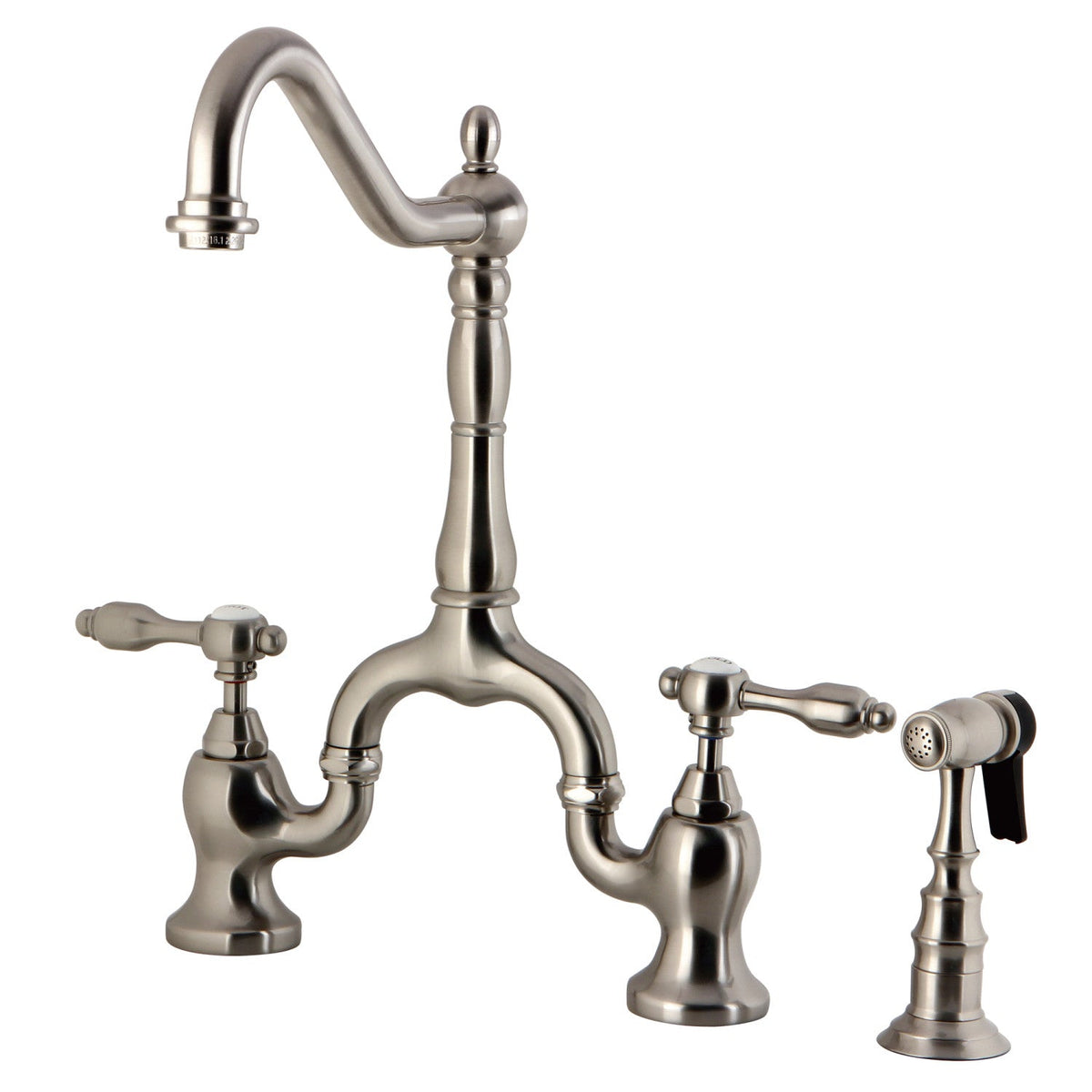Tudor Bridge Kitchen Faucet with Brass Side Sprayer in Brushed Nickel