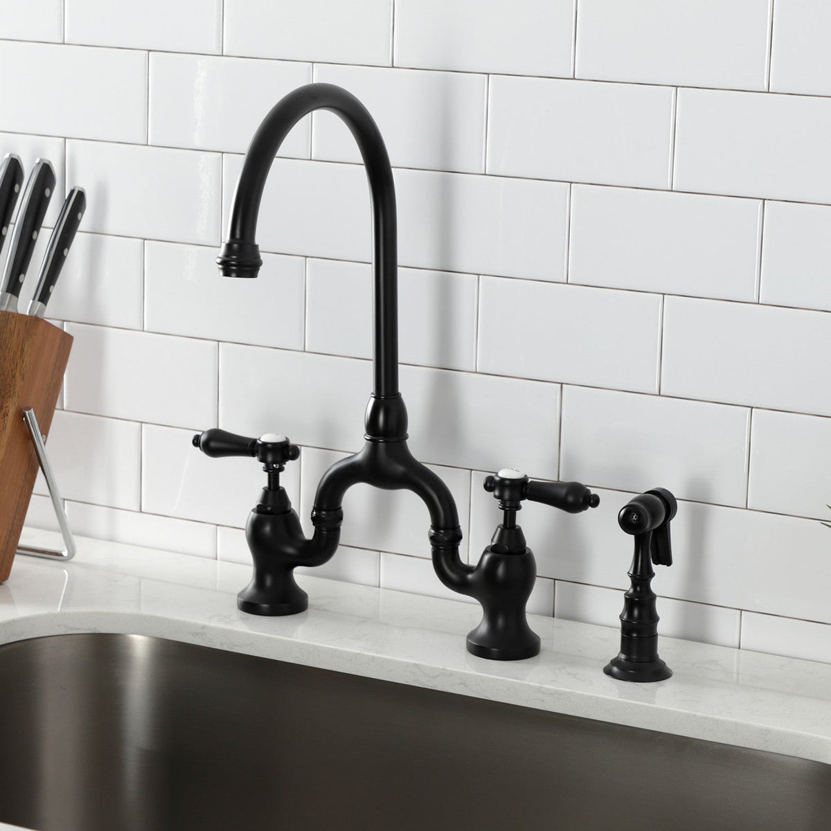 Heirloom Bridge Kitchen Faucet with Brass Side Sprayer in Matte Black