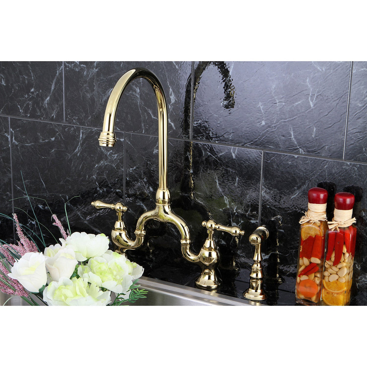 English Country Bridge Kitchen Faucet with Brass Side Sprayer in Polished Brass