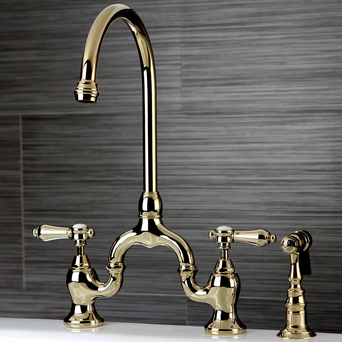 Heirloom Bridge Kitchen Faucet with Brass Side Sprayer in Polished Brass