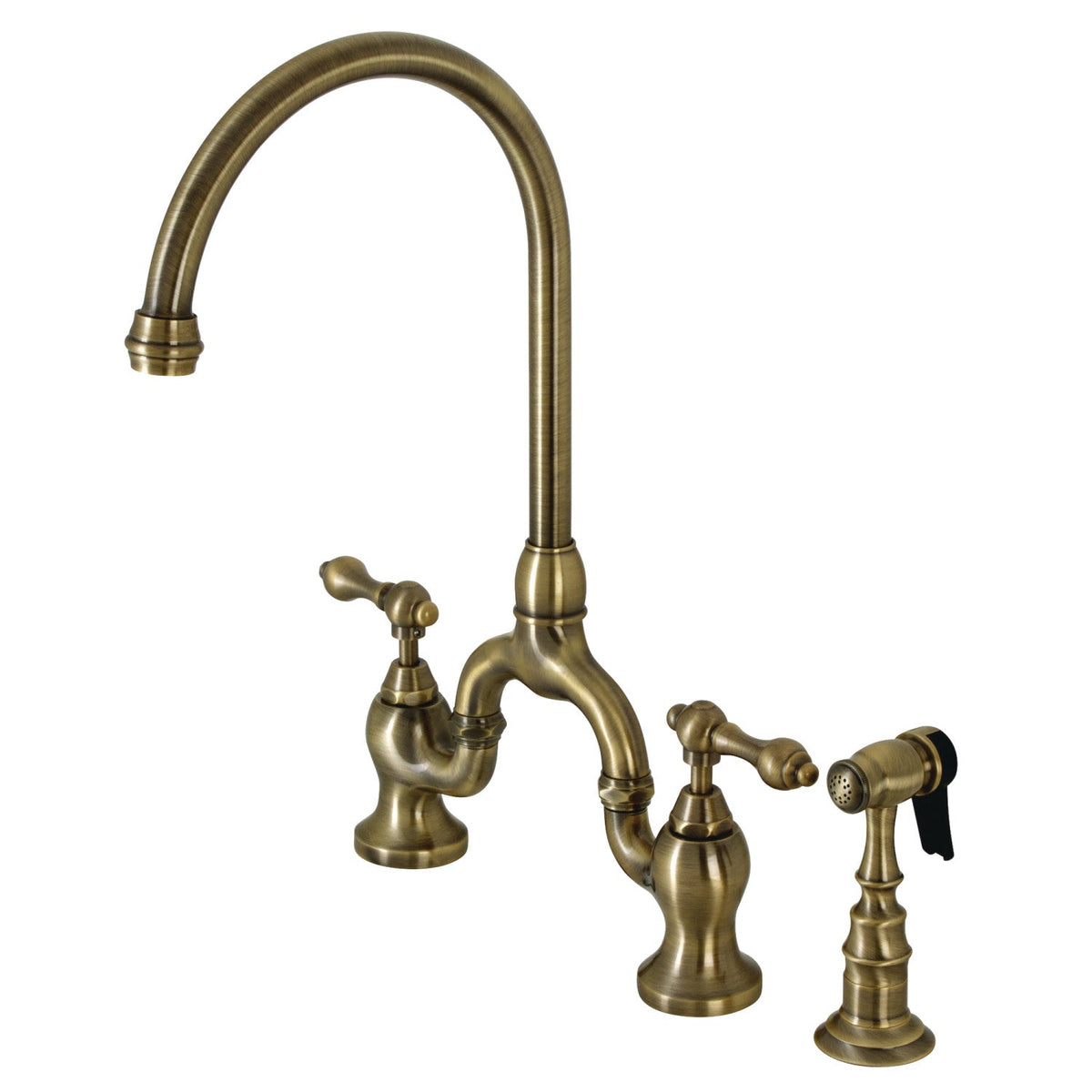 English Country Bridge Kitchen Faucet with Brass Side Sprayer in Antique Brass