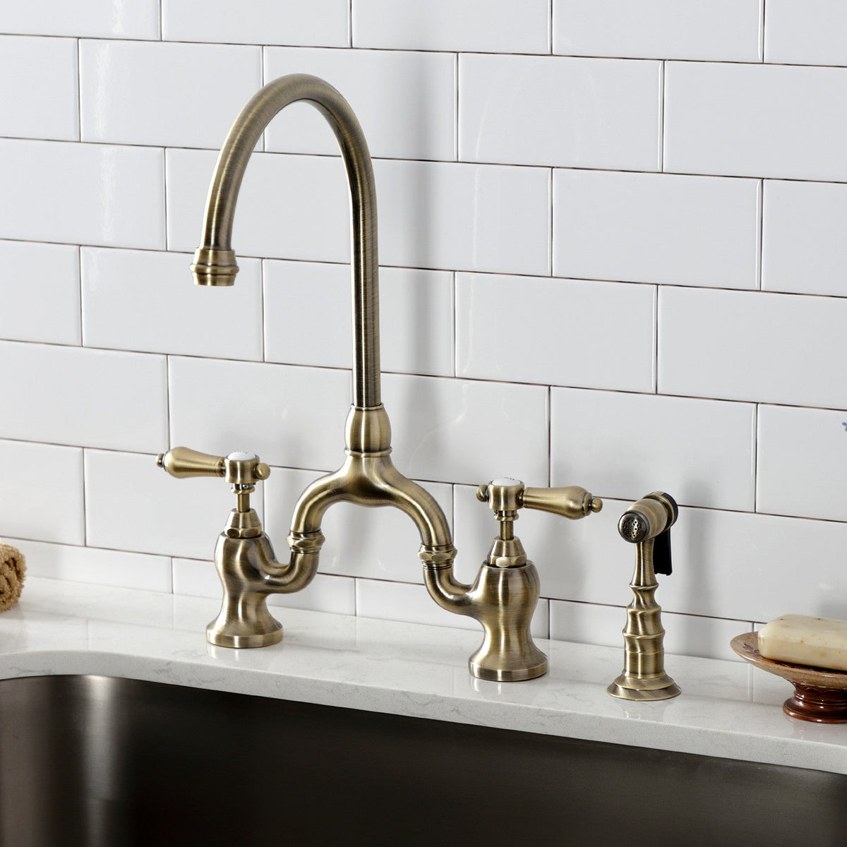 Heirloom Bridge Kitchen Faucet with Brass Side Sprayer in Antique Brass
