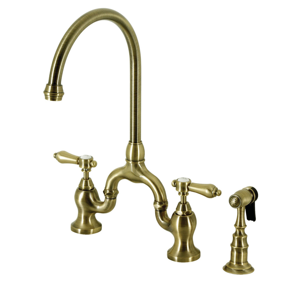Heirloom Bridge Kitchen Faucet with Brass Side Sprayer in Antique Brass