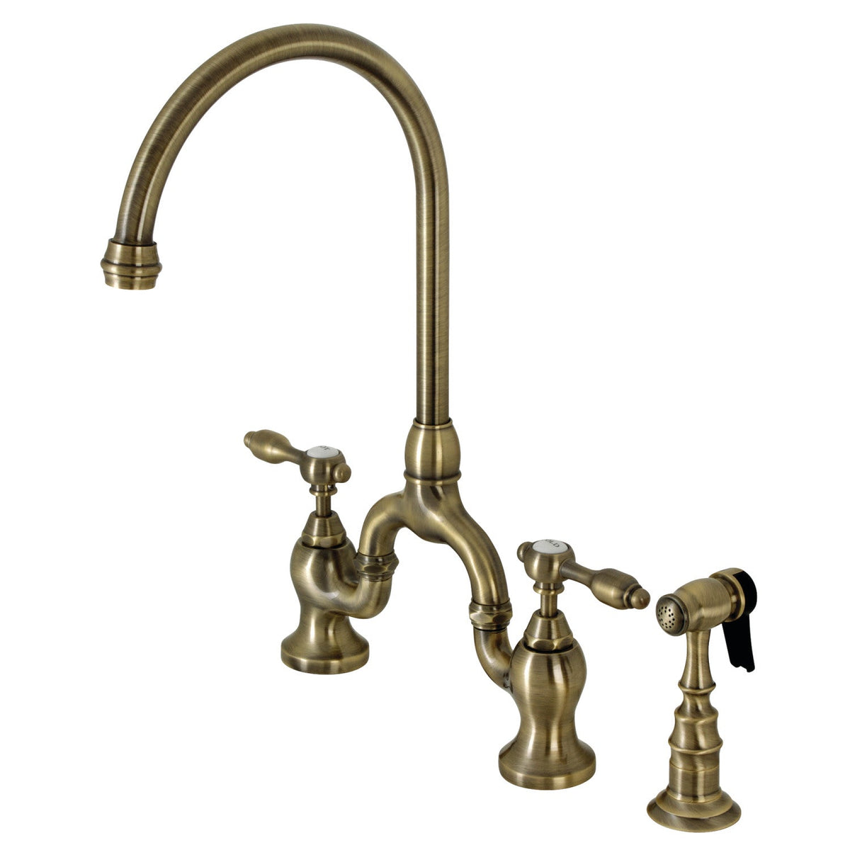 Tudor Bridge Kitchen Faucet with Brass Side Sprayer in Antique Brass