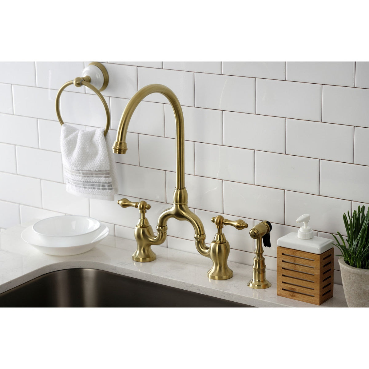 English Country Bridge Kitchen Faucet with Brass Side Sprayer in Brushed Brass