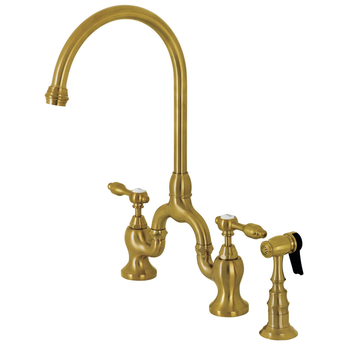 Tudor Bridge Kitchen Faucet with Brass Side Sprayer in Brushed Brass