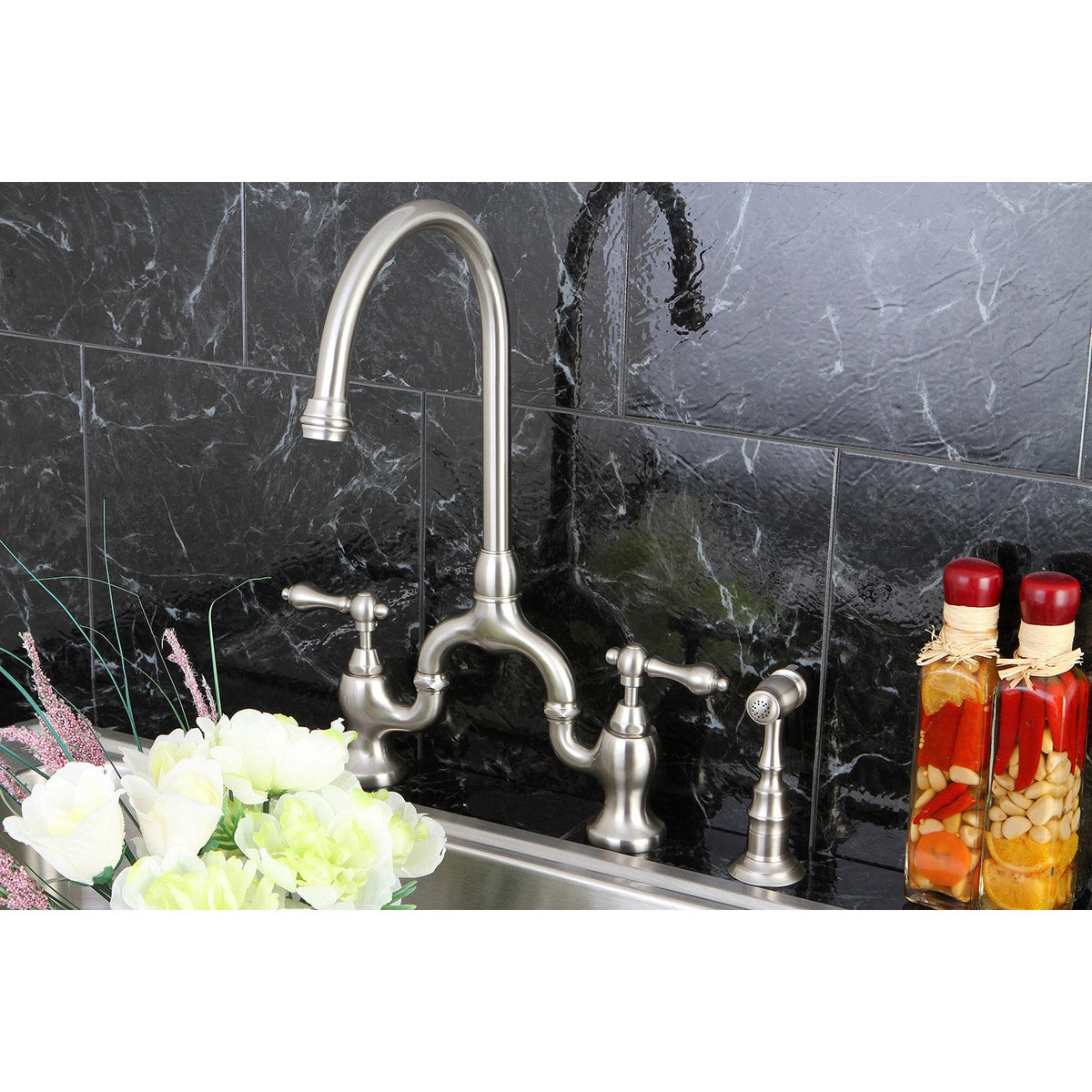 English Country Bridge Kitchen Faucet with Brass Side Sprayer in Brushed Nickel