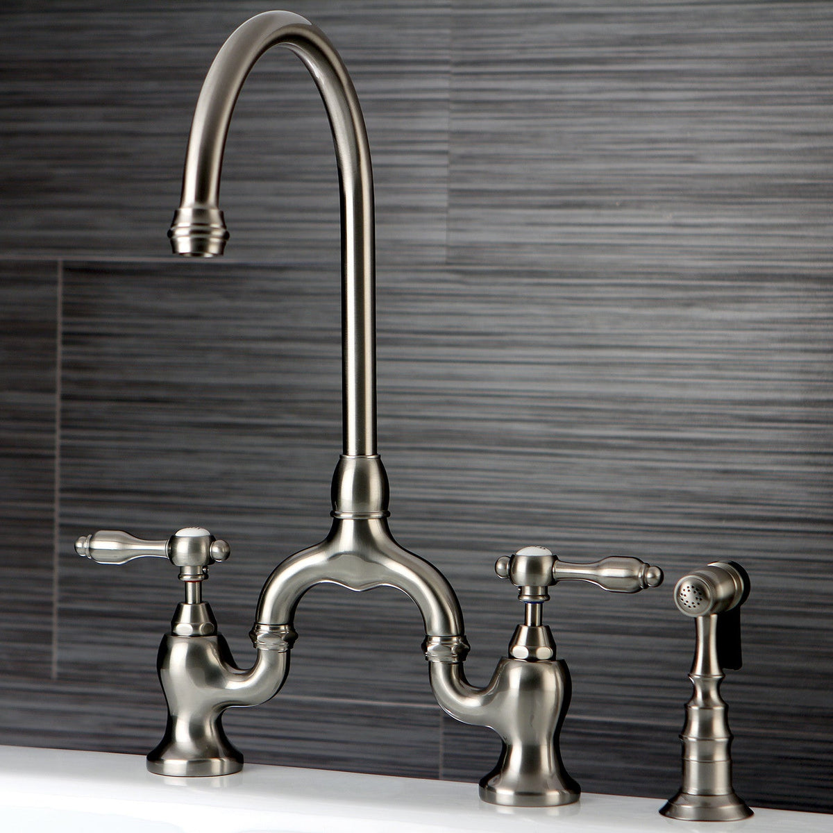 Tudor Bridge Kitchen Faucet with Brass Side Sprayer in Brushed Nickel