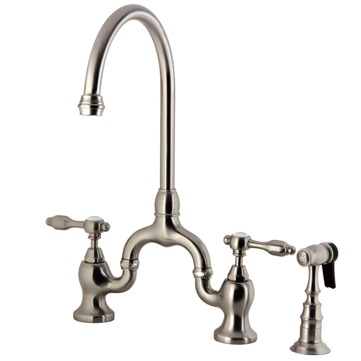 Tudor Bridge Kitchen Faucet with Brass Side Sprayer in Brushed Nickel