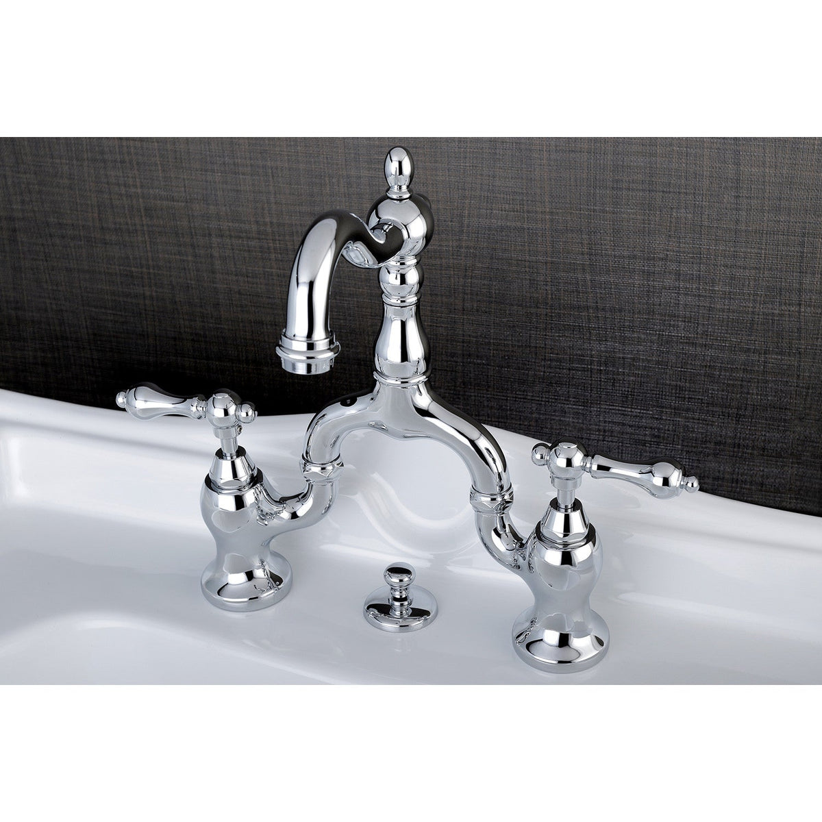 English Country Bridge Bathroom Faucet with Brass Pop-Up in Polished Chrome