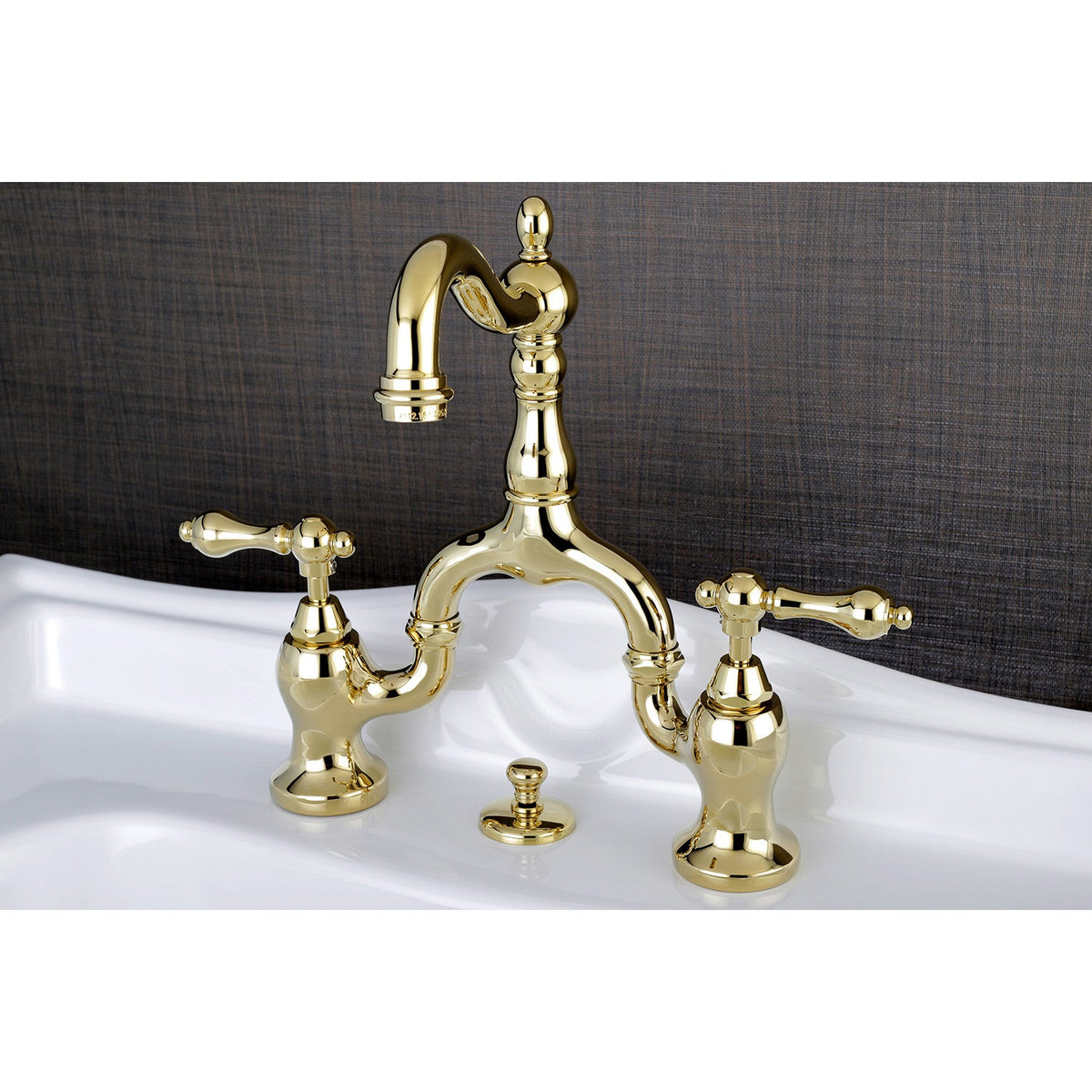 English Country Bridge Bathroom Faucet with Brass Pop-Up in Polished Brass