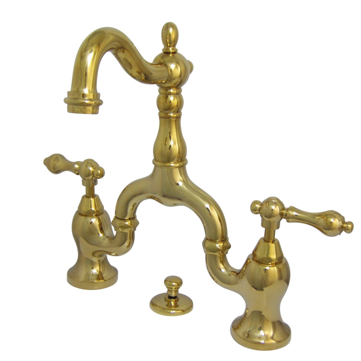English Country Bridge Bathroom Faucet with Brass Pop-Up in Polished Brass