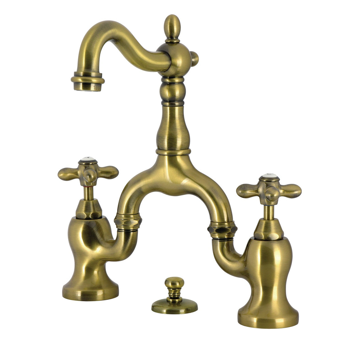 English Country Bridge Bathroom Faucet with Brass Pop-Up in Antique Brass