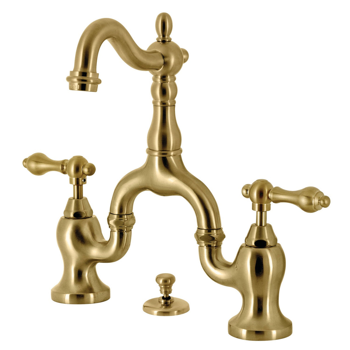 English Country Bridge Bathroom Faucet with Brass Pop-Up in Brushed Brass