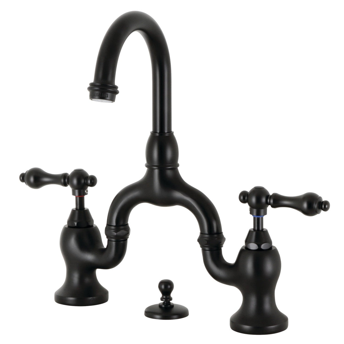 English Country Bridge Bathroom Faucet with Brass Pop-Up in Matte Black