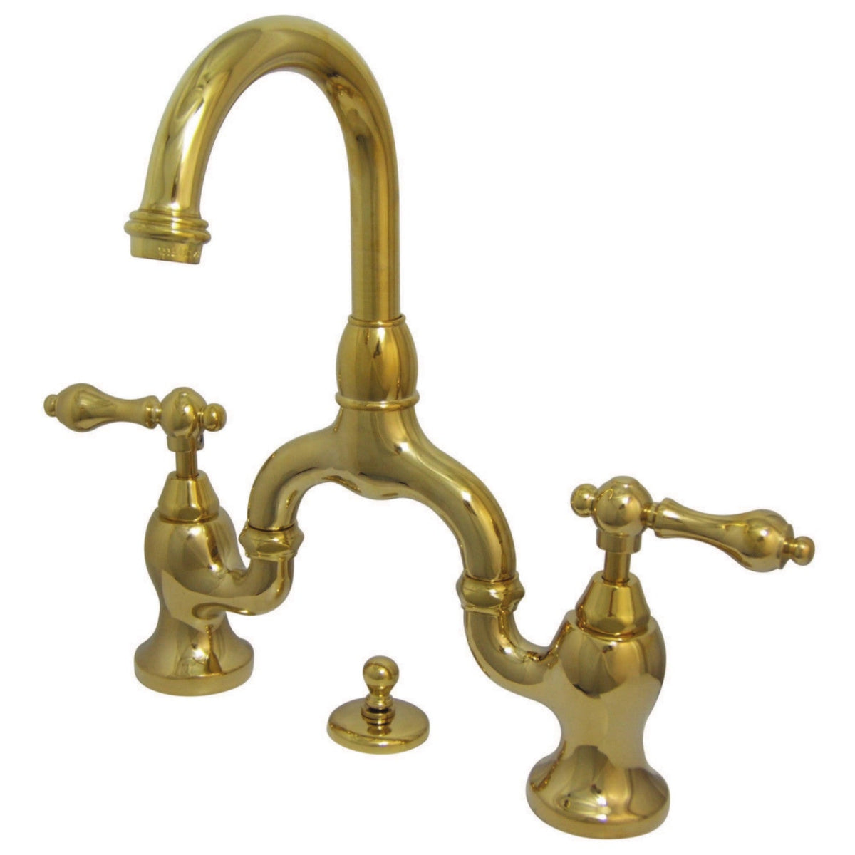 English Country Bridge Bathroom Faucet with Brass Pop-Up in Polished Brass