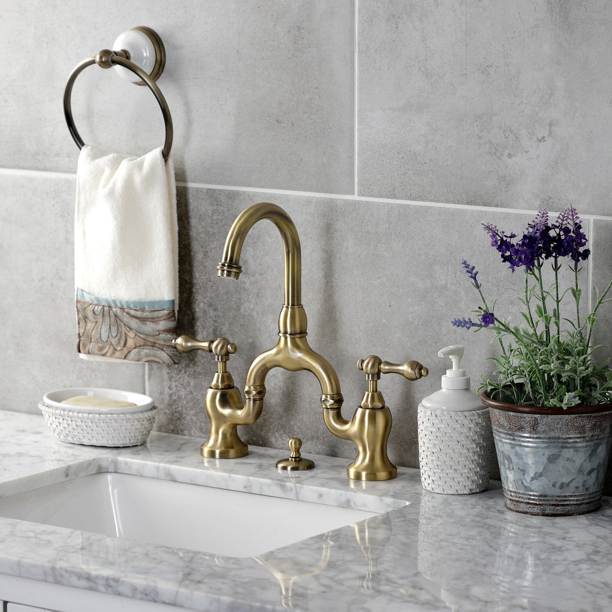 English Country Bridge Bathroom Faucet with Brass Pop-Up in Antique Brass
