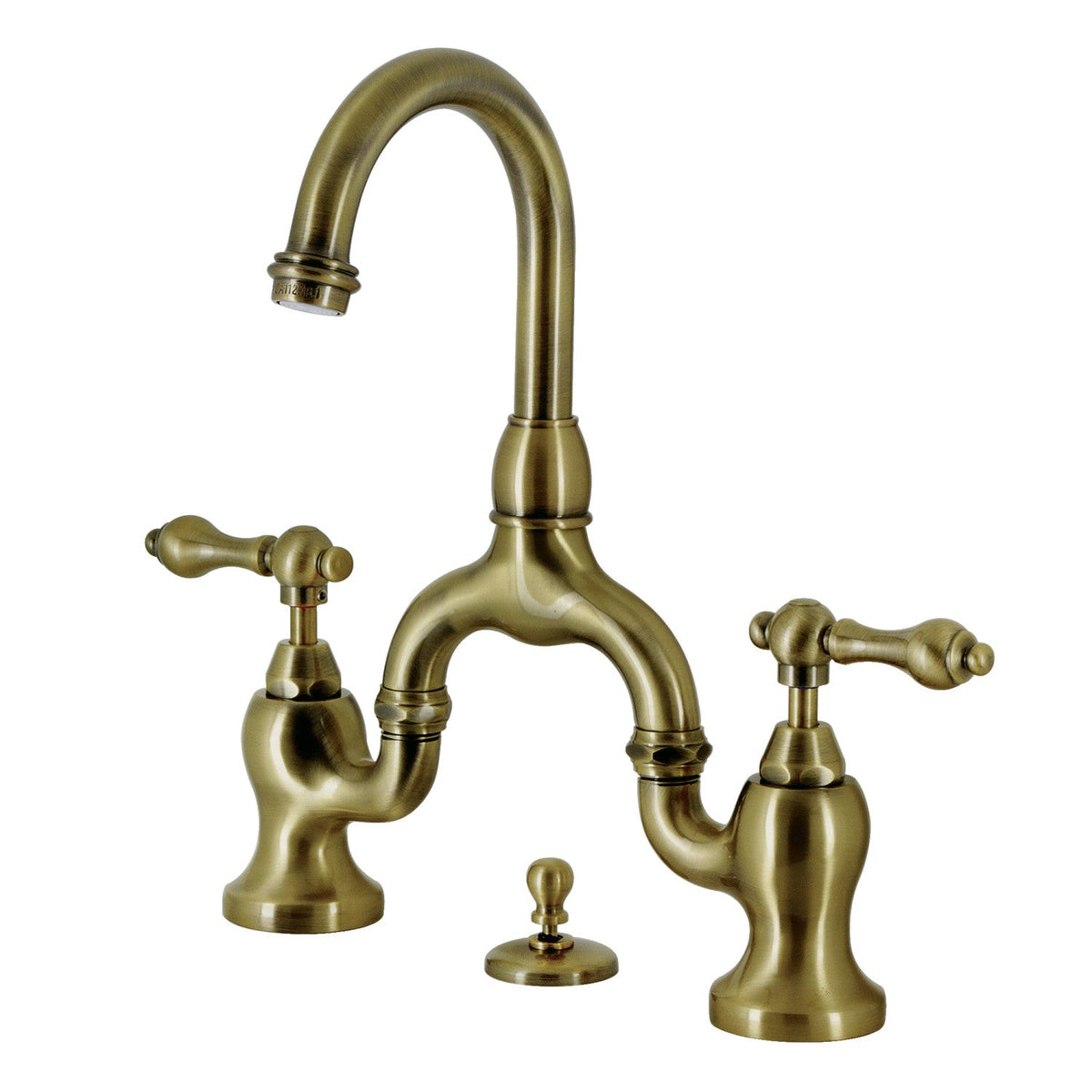 English Country Bridge Bathroom Faucet with Brass Pop-Up in Antique Brass