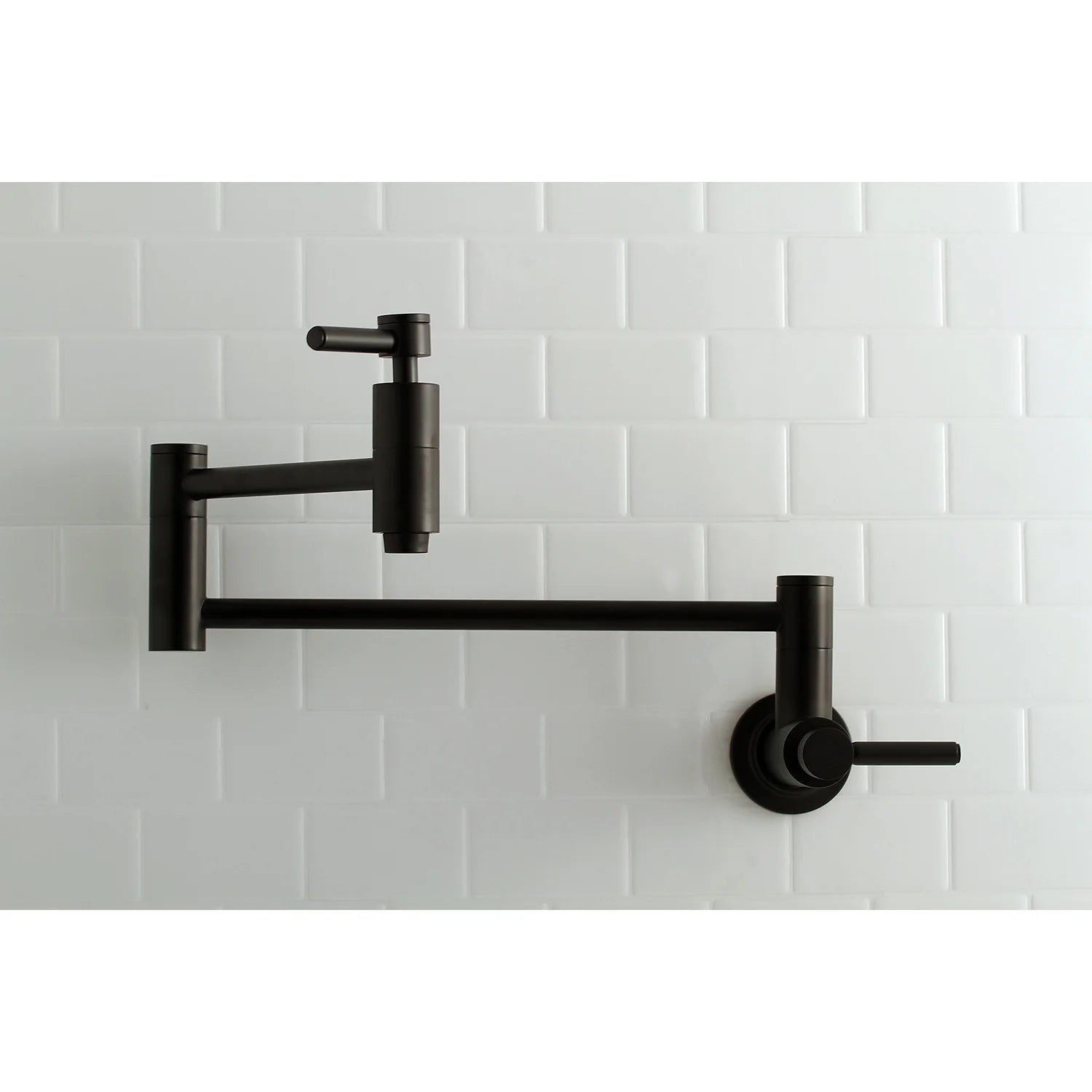 Matte black wall mount pot filler faucet with extended horizontal arm and side spout