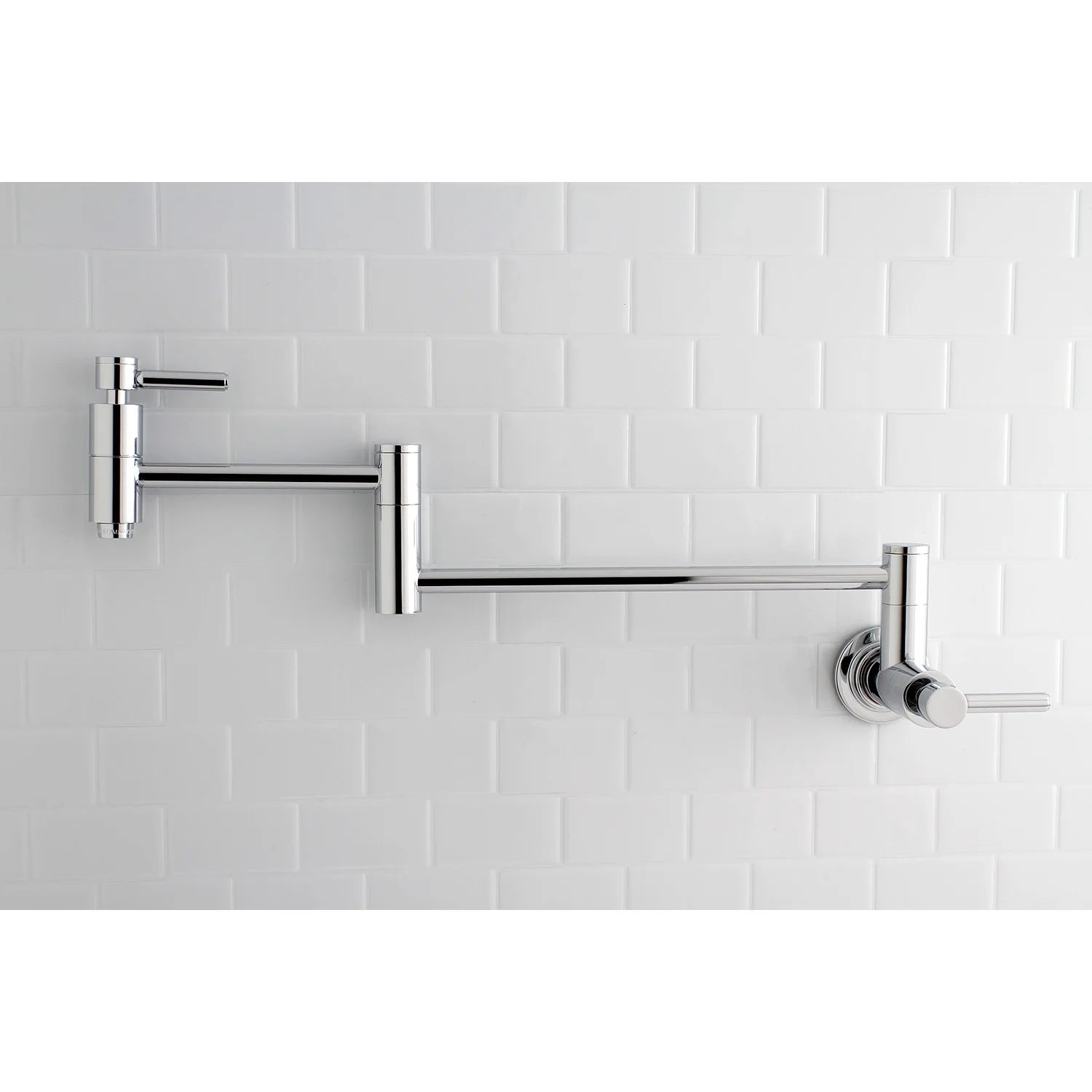 Wall-mount pot filler faucet with dual arms and polished chrome finish