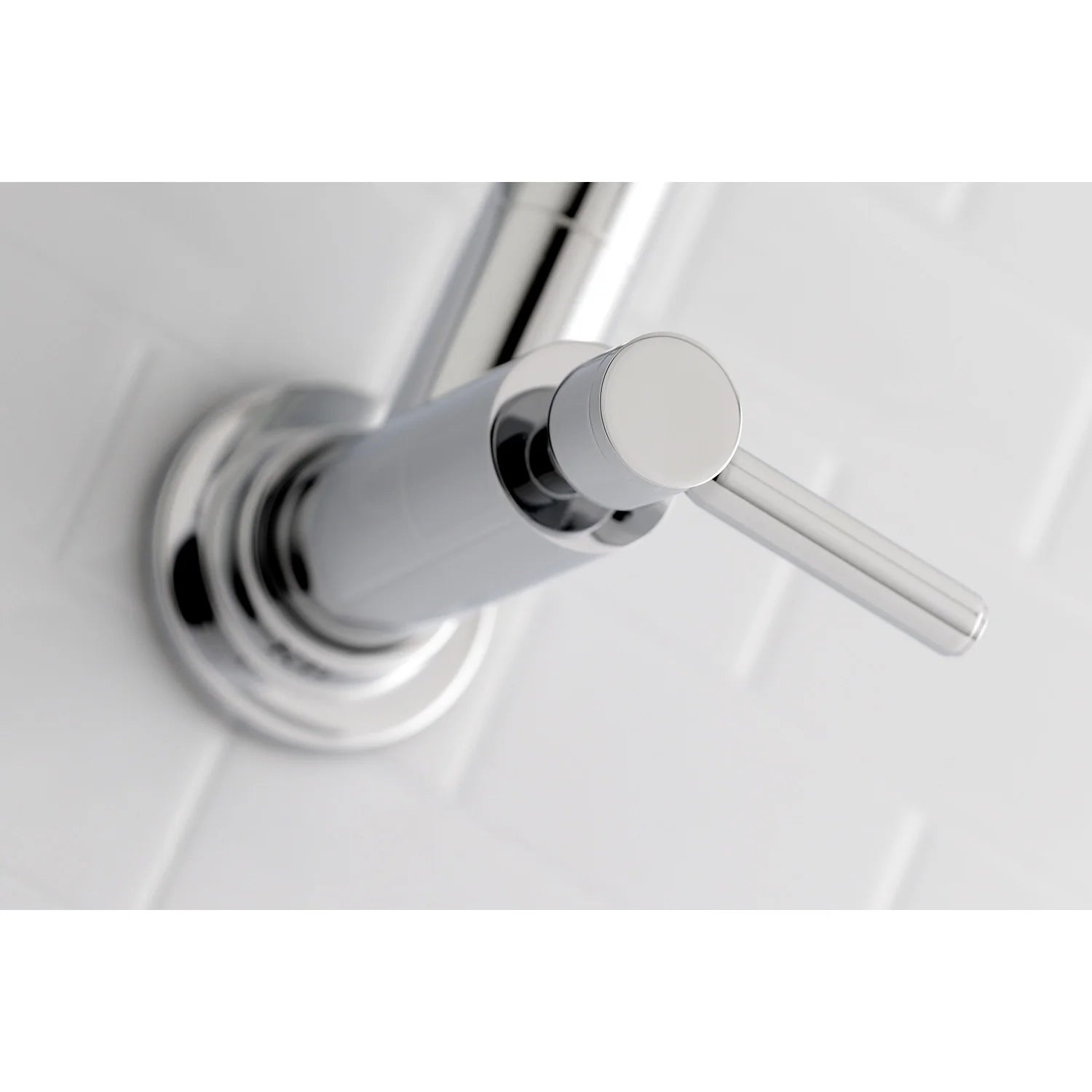 Wall-mount pot filler faucet spout and control knob in polished chrome