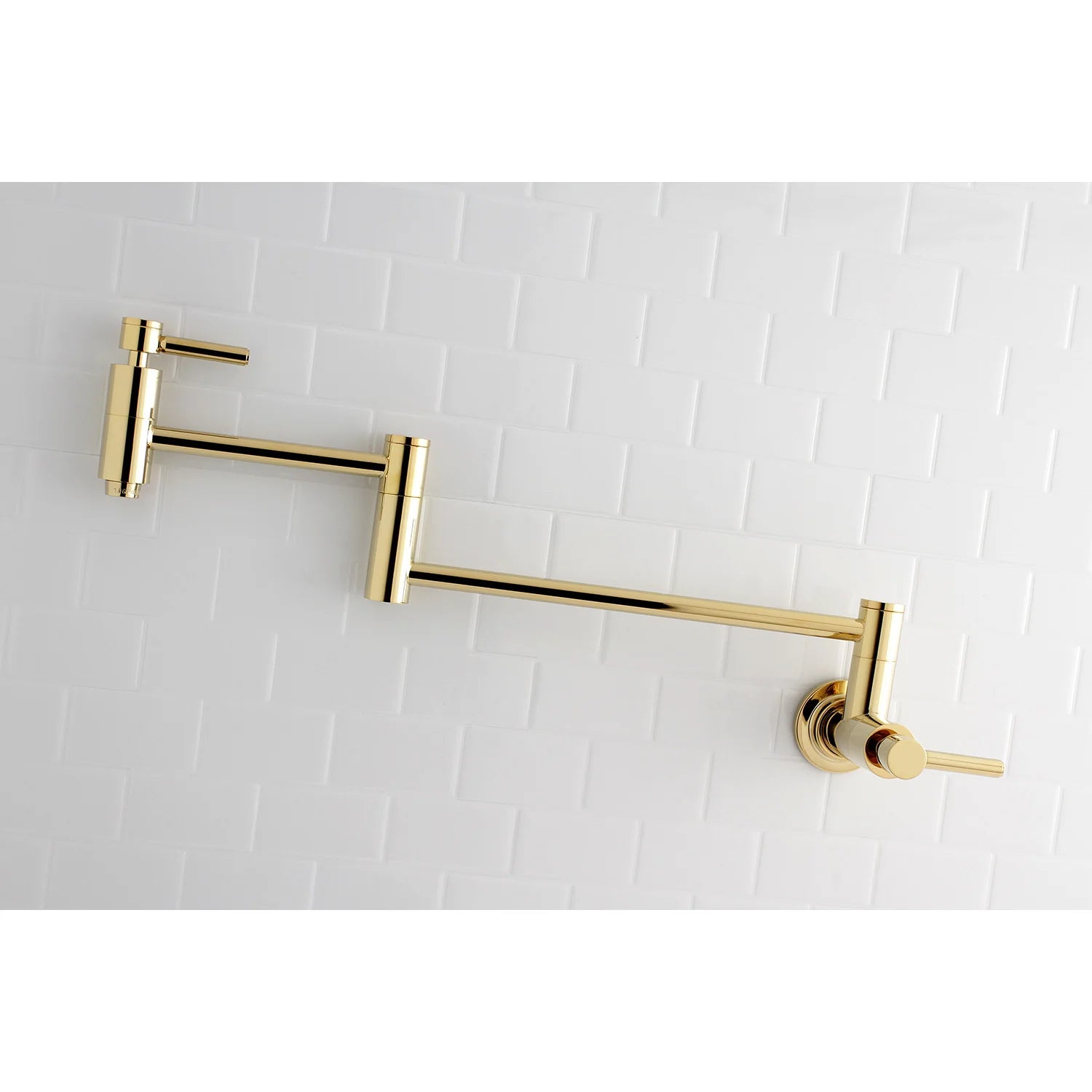 Polished brass wall-mounted pot filler faucet with two cross handles and horizontal pipes