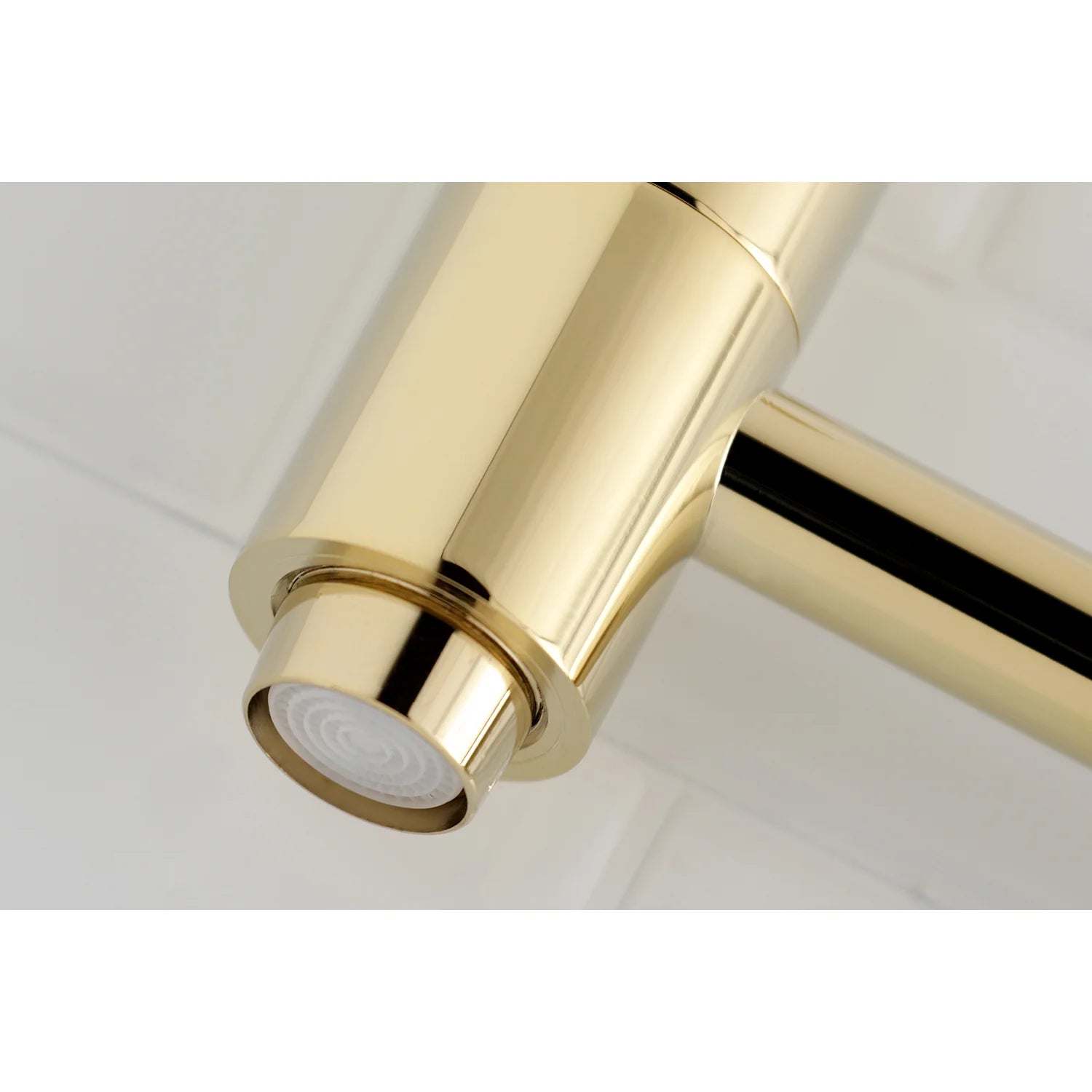 Polished brass pot filler faucet end with spray head and aerator screen