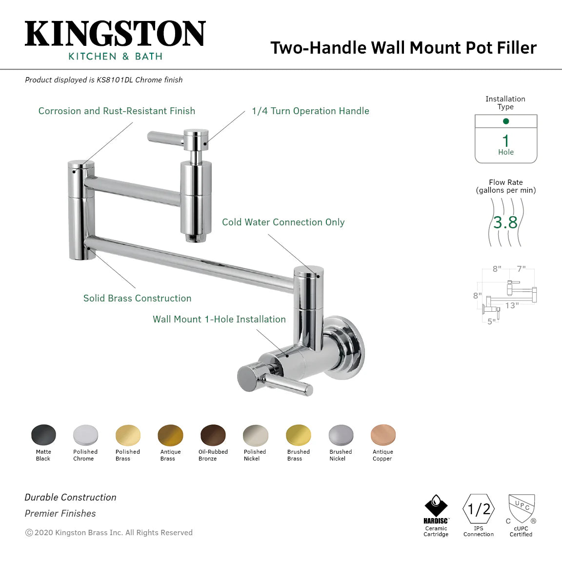 Wall mount pot filler faucet spec sheet with chrome diagram and finish options.