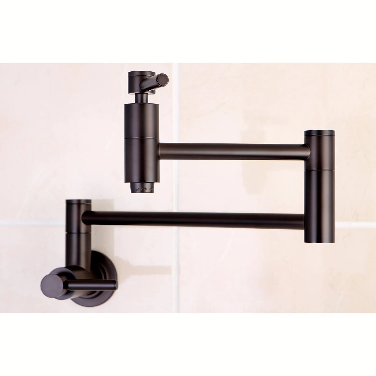 Wall-mount pot filler faucet with oil-rubbed bronze valve handle and spout