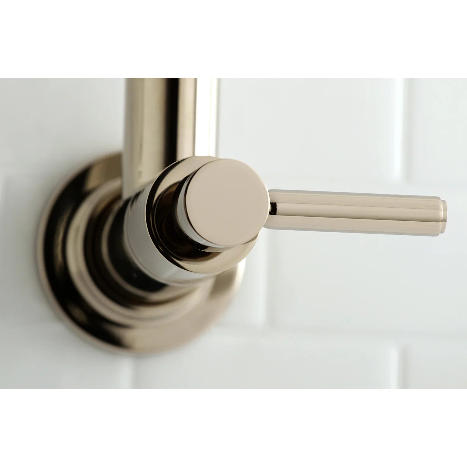 Polished nickel pot filler faucet wall knob with lever handle and spout arm